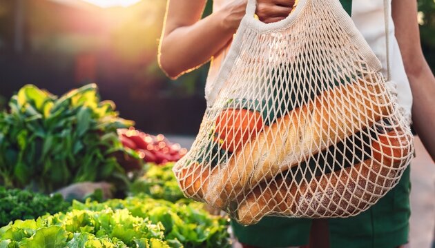 close up hand bread loaf organic fresh market mesh bag vegetable outdoor natural healthy rustic bakery artisan food shopping sustainable eco friendly plastic free reusable lifestyle fresh organic