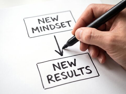 Person drawing a flowchart diagram with boxes labeled new mindset and results on white paper personal growth self improvement mental health positive thinking