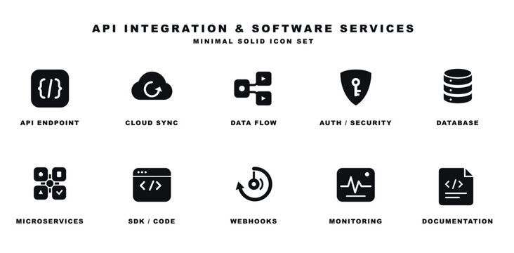 Api integration software services icon set showing endpoint cloud sync data flow security database and code as black graphics