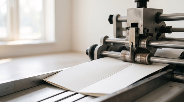 Industrial printing machine folding paper sheet in workshop