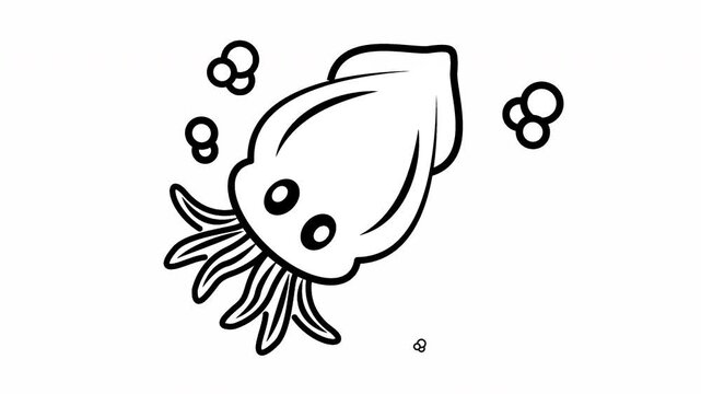 Squid swimming animation with cute cartoon in black white. Suitable for educational videos, childrens content, marine life projects.
