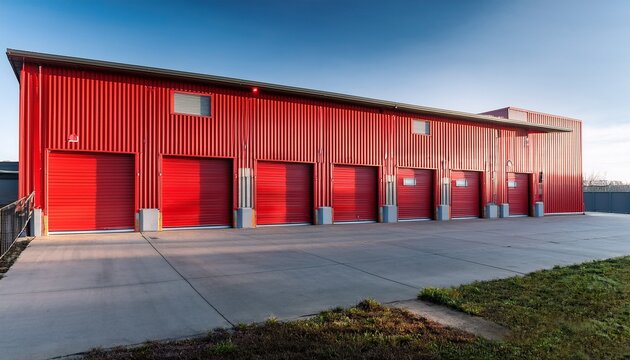 exterior of modern warehouse with small office unit metal industrial building with red doors loading docks commercial distribution storage building