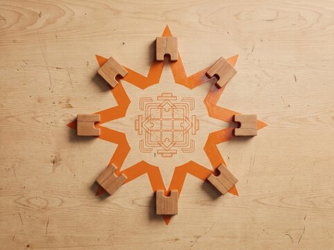 Geometric Star Wooden Board Game with Wooden Puzzle Pieces Flat Lay