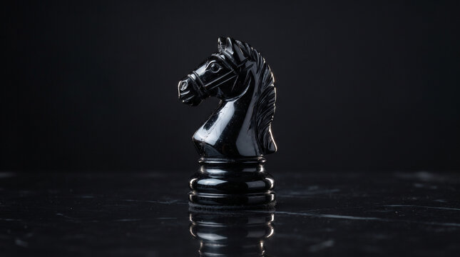 Glossy black knight chess piece standing prominently on dark polished marble surface against a deep black backdrop with dramatic studio lighting