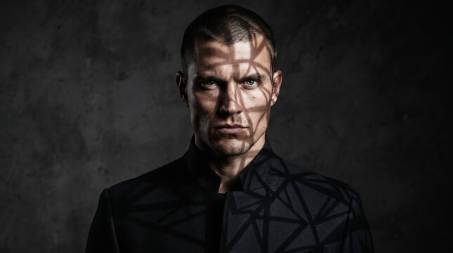 Intense portrait of a muscular man with short dark hair looking directly at the camera against a dark textured background, dramatically lit with strong side lighting.