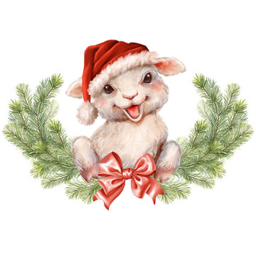 Hand-drawn illustration of a cute Christmas lamb and kid goat in a Santa hat