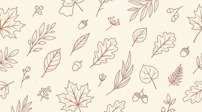 Autumn leaves and acorns form a delicate vector pattern on a beige background