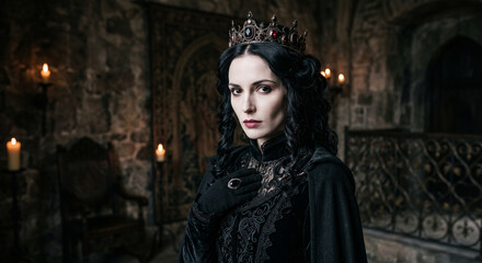 Fototapeta premium Regal dark haired woman wearing an ornate crown stands in moody stone hall with dramatic low key lighting