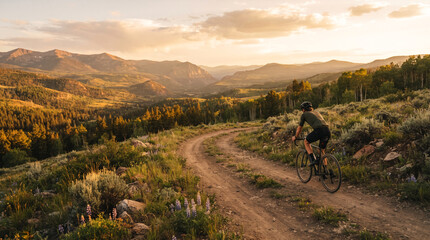 Obraz premium Cyclist riding on dirt road through mountain landscape at sunset