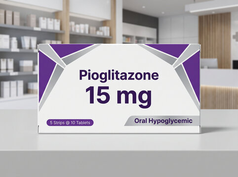 Pioglitazone diabetes medication box on a pharmacy counter