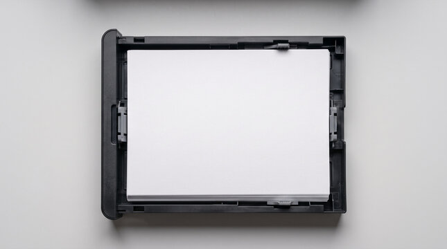 Stack of blank paper sheets in a black printer tray ready for printing