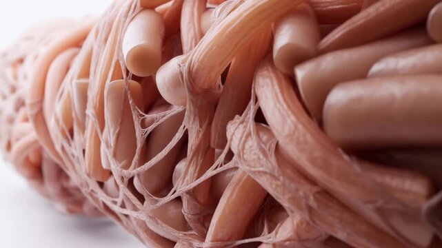 Bundled pink muscle fibers fill a close macro view as intertwined strands and fine connective tissue form a dense anatomical structure against a bright white background