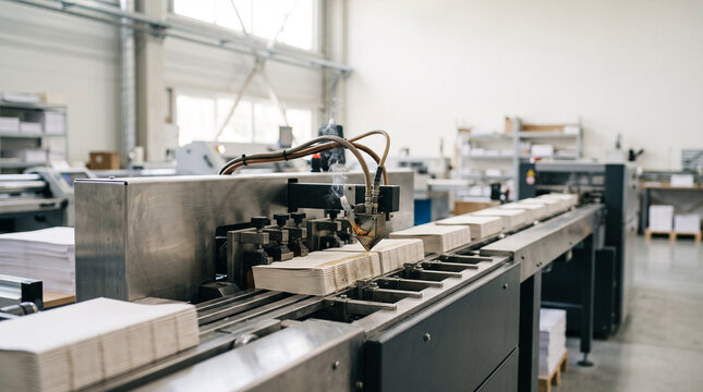 Automated printing machine processing stacks of paper in factory