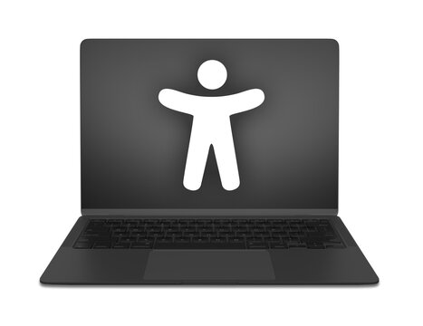 Una computadora port&aacute;til negra muestra el icono de accesibilidad en su pantalla. Esta imagen es un archivo PNG transparente para dise&ntilde;os digitales y tecnolog&iacute;a inclusiva adaptada