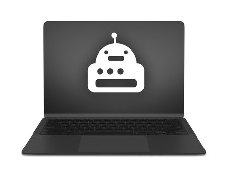 Un ordenador port&aacute;til negro muestra un icono blanco de inteligencia artificial como PNG transparente, ideal para conceptos tecnol&oacute;gicos modernos y dise&ntilde;o web.