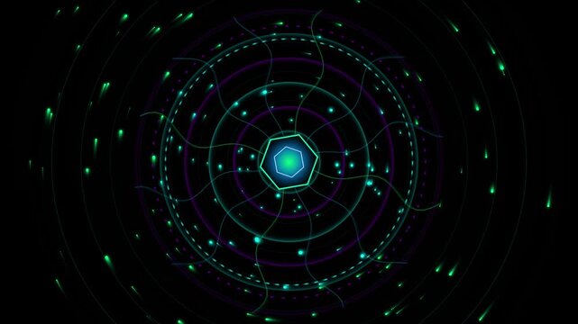 Abstract futuristic digital interface with glowing hexagon, concentric rings, and energy particles on a dark background