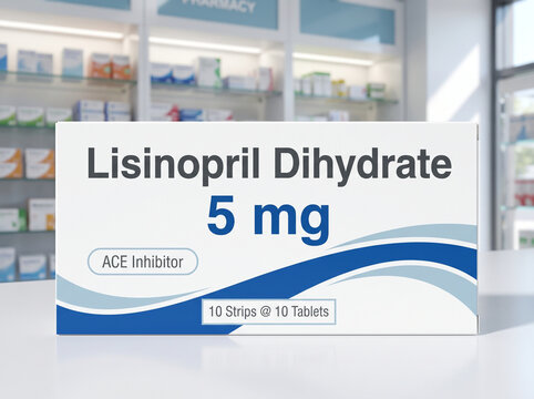 Box of Lisinopril 5mg blood pressure medication on pharmacy counter