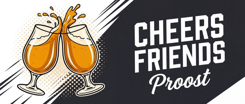 Beer glasses clinking toast cheers vector pop art banner featuring splashing craft beer with text for party celebration, oktoberfest event, pub night background, friendship toast, happy hour banner.