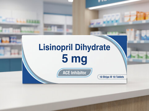 Box of Lisinopril blood pressure medication on pharmacy counter