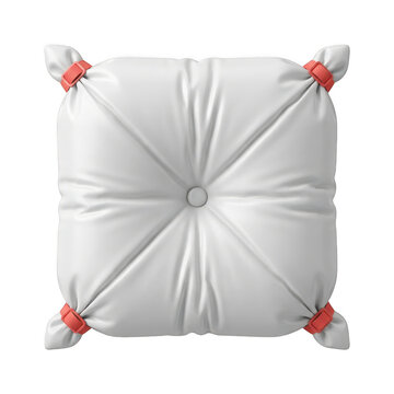 White square decorative pillow with button tufting and red corner clips isolated on transparent background