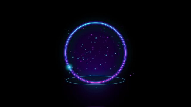 Abstract neon glowing circle with sparkling particles on a dark background, futuristic digital art concept