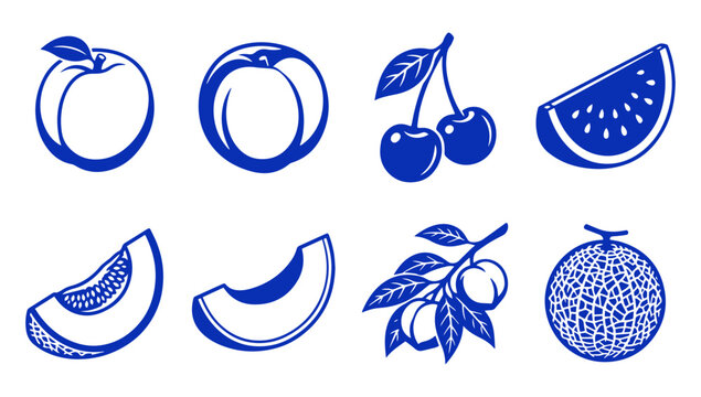 Set of blue icons featuring various fresh fruits including watermelon melon cherry and peaches
