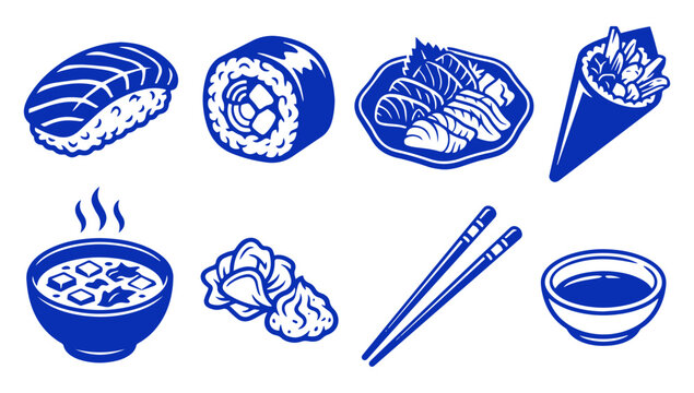 Set of Japanese sushi food icons featuring nigiri rolls sashimi miso soup and chopsticks