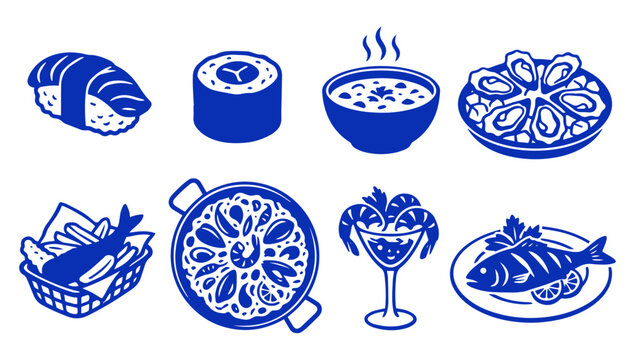 Set of various fresh seafood dishes and marine food icons in blue flat style
