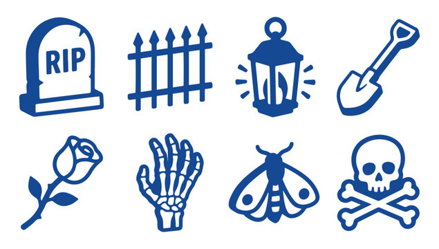 Set of spooky Halloween icons including gravestones skeletons skulls and gothic design elements