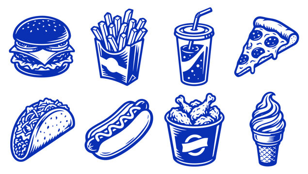 set of hand drawn fast food icons featuring burger fries pizza and soda