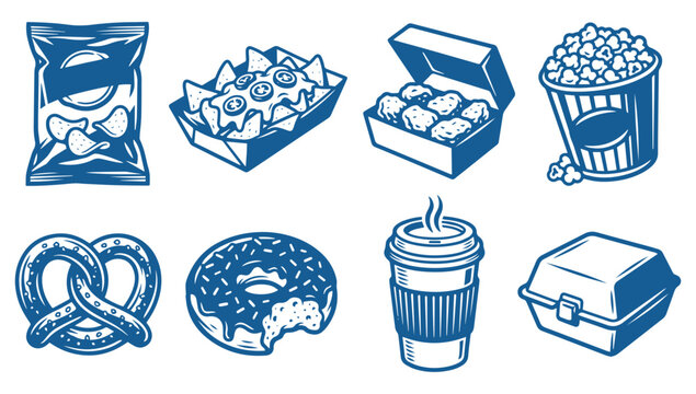 Set of blue vector icons featuring delicious fast food and tasty movie snacks