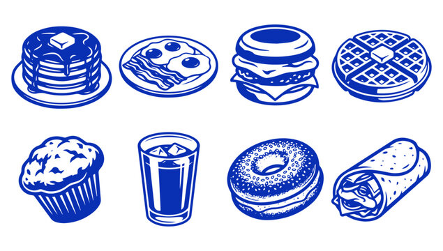 Set of delicious breakfast food icons including pancakes eggs bacon burger and waffle