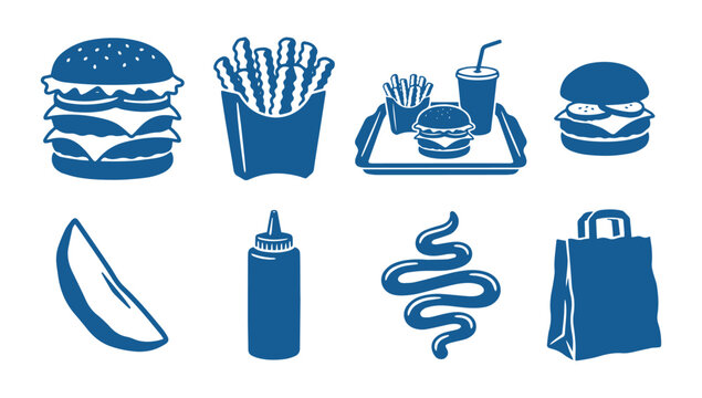 Fast food icons set featuring burgers, french fries, soda, and takeaway meal packaging design