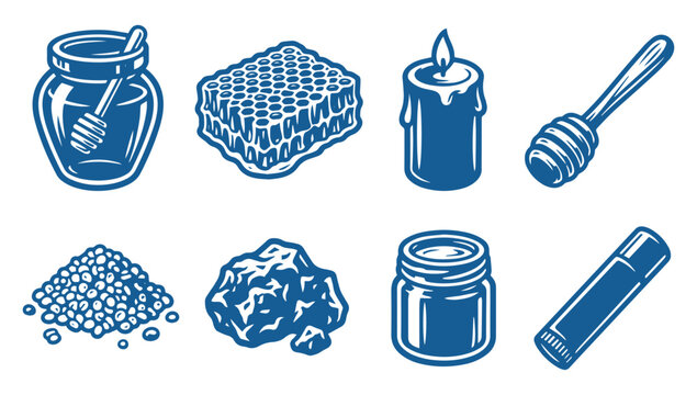 Set of blue honey products and beekeeping icons in a flat vector style