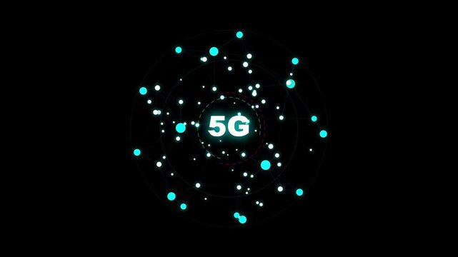 Abstract network of glowing blue and white dots connected by lines, with the text 5g in the center on a black background