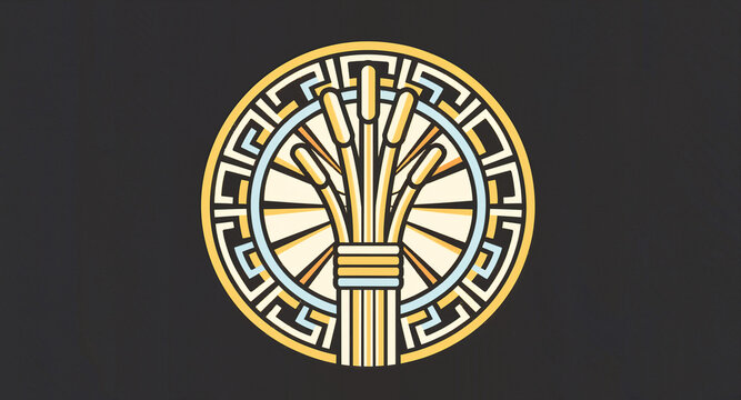 Ancient Greek meander circular crest with wheat sheaf symbol geometric vector emblem