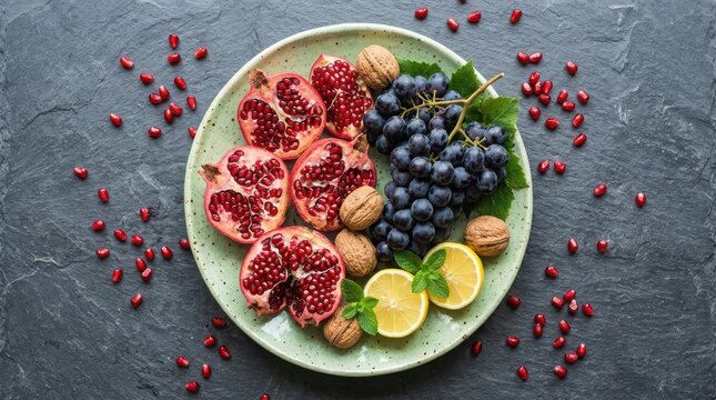 m Fresh pomegranate halves and black grapes on plate, healthy autumn fruit platter with walnuts and lemon, top view of organic fruit