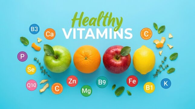m Healthy vitamins and minerals concept, fresh fruit assortment with nutrient icons, organic nutrition on blue background