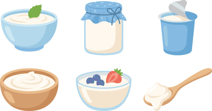 Fresh organic yogurt vector illustration set, dairy product glass jar bowl spoon collection