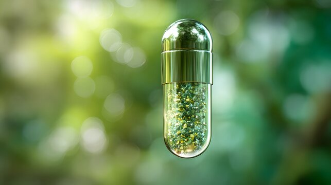 Transparent pill capsule containing green liquid and floating micro-particles suspended in mid-air. Vibrant natural green background with soft light leaks representing plant-based vitamins and biotech