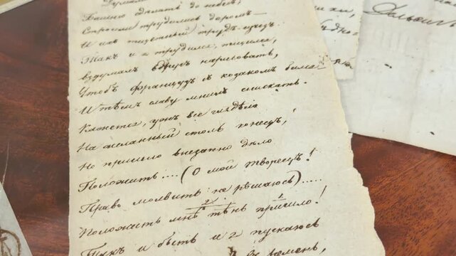 An old handwritten manuscript rests on a wooden desk inside Catherine Palace in Pushkin, Saint Petersburg. The historic document inspires a nostalgic, deep feeling of wonder.