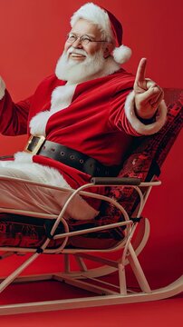 An elderly man with a white beard, portraying a holiday icon, relaxes in a sleigh-like chair against a vibrant red backdrop. The individual smiles joyously, pointing upward with a gloved hand.