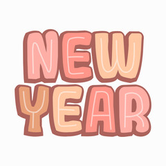 A pastel hand-drawn typography lettering of the words "NEW YEAR" in bubbly, warm peach-pink 3D letters isolated on a clean white background. © Risya