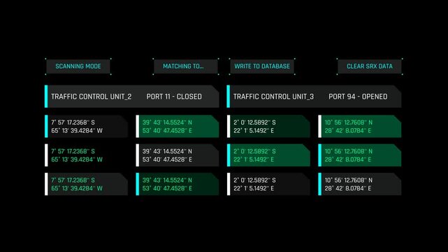 Futuristic Traffic Control Interface With Port Status And Coordinate Data