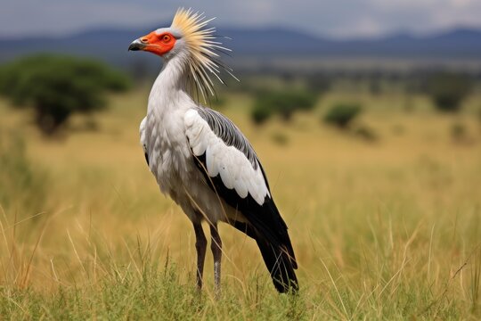 Secretary bird standing tall, observing its surroundings in the dry african savanna