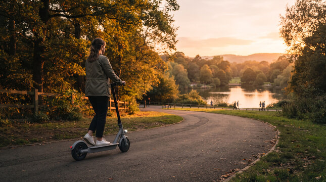 Woman riding electric scooter on park path during autumn sunset