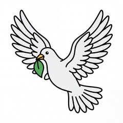 Obraz premium Vector illustration of a graceful white dove in flight holding a vibrant green leaf, symbolizing peace, hope, and new beginnings. Perfect icon for harmony, spirituality, and freedom concepts