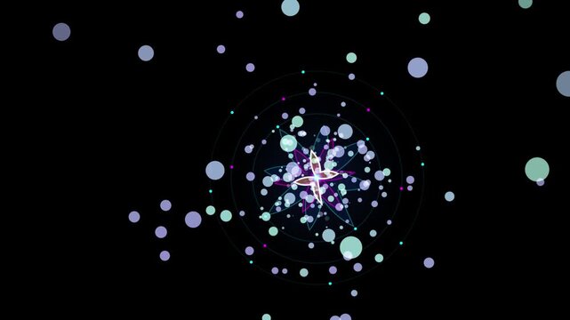 Abstract glowing flower with orbiting particles and concentric circles on black background