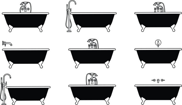 Bathtub icons vector set with clawfoot bathtubs and modern faucet designs