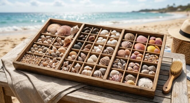 Collection of assorted seashells organized by size and type in a wooden sorting box on a table at a tropical beach with ocean waves and a sun hat in the background.